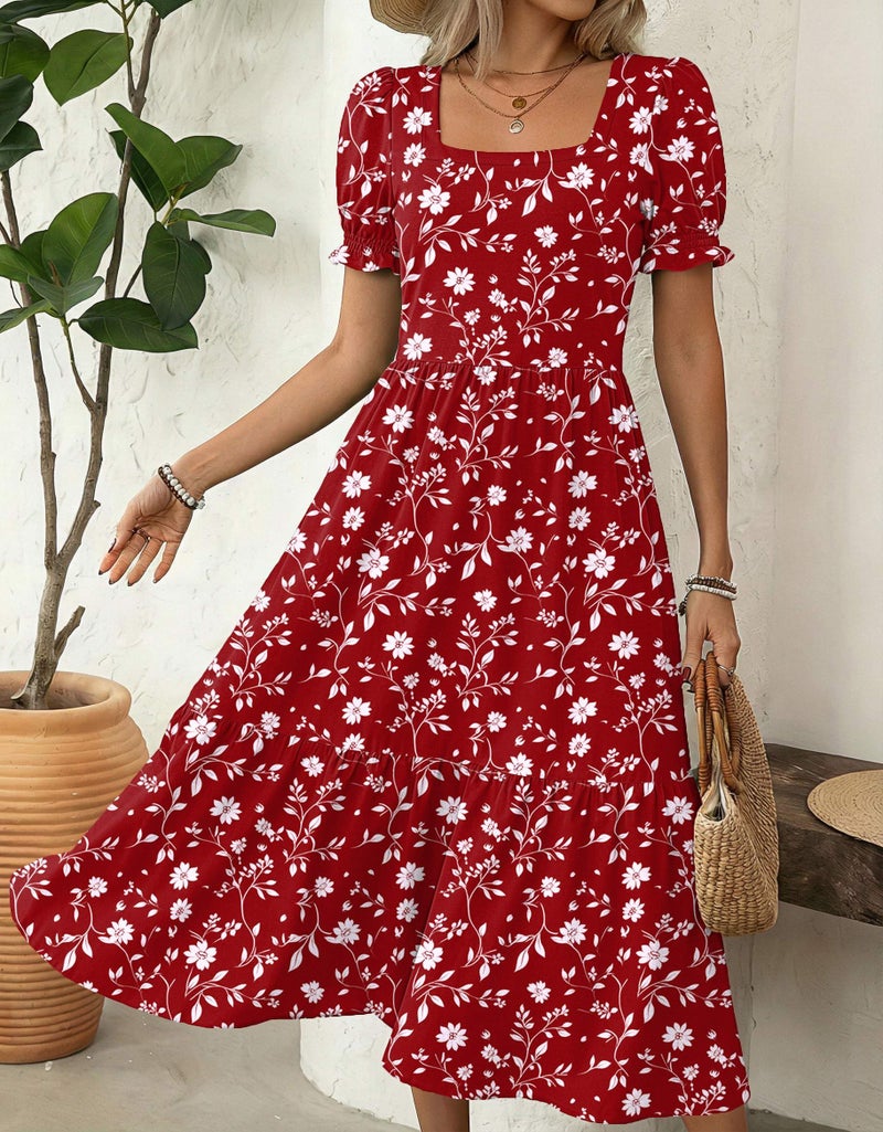 Zeagoo Spring Dresses with Sleeve Womens Floral Sundresses Short Sleeve Aline Dress Square Neck Flowy Swing Dress Women Hawaiian Dresses L - Image 3
