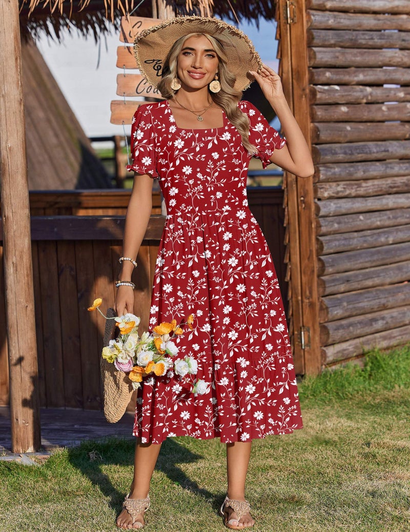 Zeagoo Spring Dresses with Sleeve Womens Floral Sundresses Short Sleeve Aline Dress Square Neck Flowy Swing Dress Women Hawaiian Dresses L - Image 4