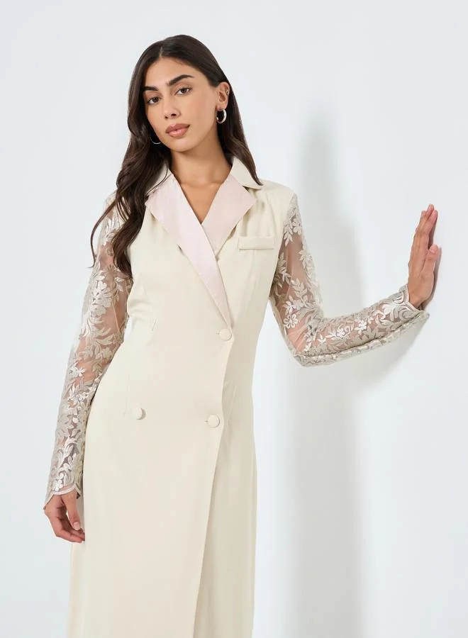 Styli Styli Cream Lace Sleeve Blazer Midi Dress
