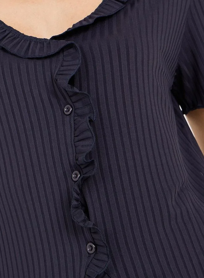 Styli Ruffle Edge Ribbed Button Through Top & Pyjama Set