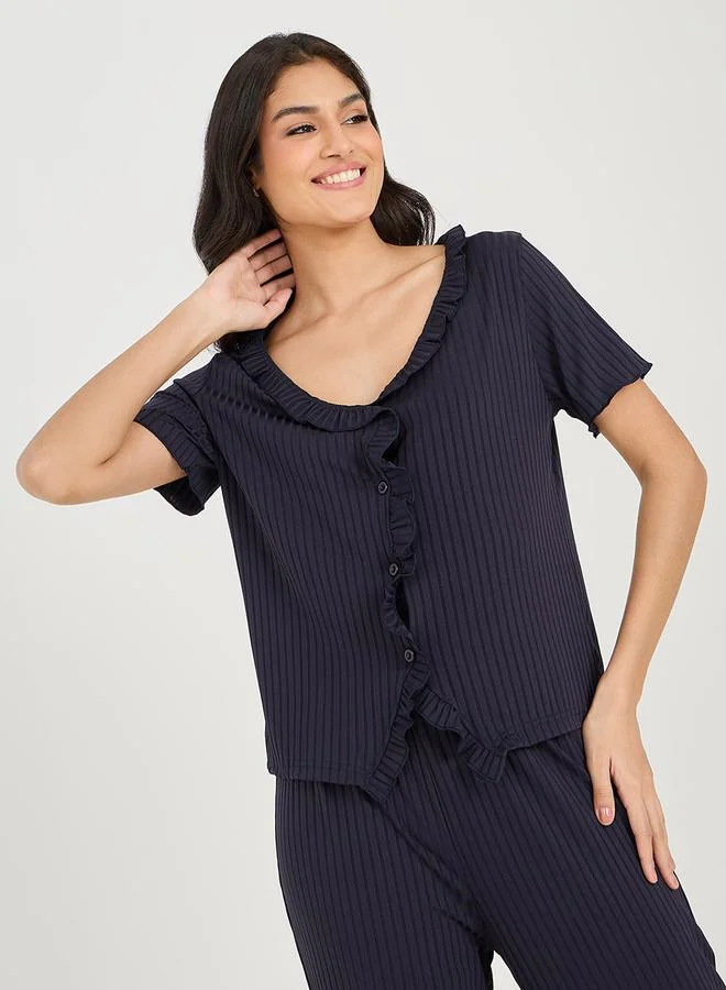 Styli Ruffle Edge Ribbed Button Through Top & Pyjama Set