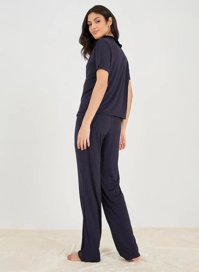 Styli Ruffle Edge Ribbed Button Through Top & Pyjama Set