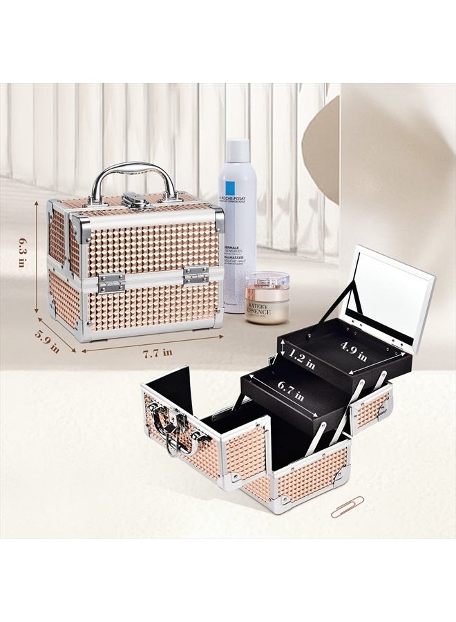 FRENESSA Makeup Train Case Portable Cosmetic Box Makeup Organizer Case Jewelry Organizer 2 Trays with Mirror Makeup Storage Box for Girls Makeup Artist, Craft, Toiletry Travel Train Case Rose Gold - Image 4
