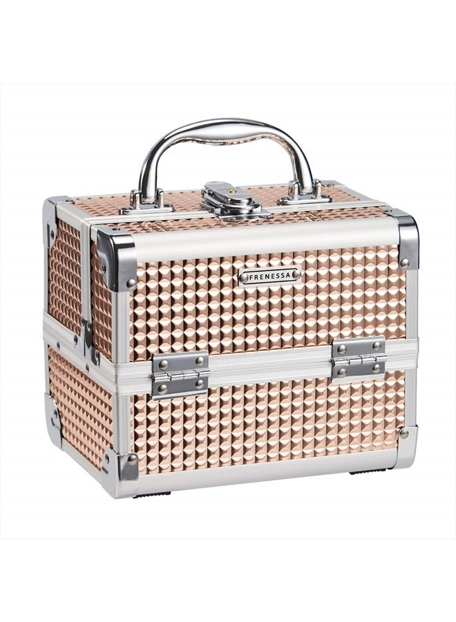 FRENESSA Makeup Train Case Portable Cosmetic Box Makeup Organizer Case Jewelry Organizer 2 Trays with Mirror Makeup Storage Box for Girls Makeup Artist, Craft, Toiletry Travel Train Case Rose Gold - Image 1