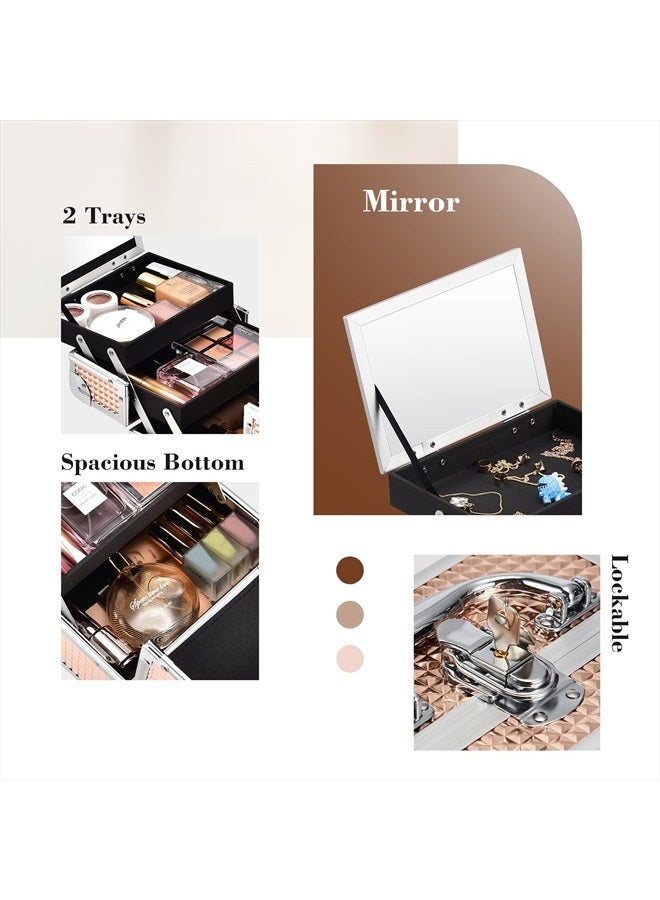 FRENESSA Makeup Train Case Portable Cosmetic Box Makeup Organizer Case Jewelry Organizer 2 Trays with Mirror Makeup Storage Box for Girls Makeup Artist, Craft, Toiletry Travel Train Case Rose Gold - Image 5
