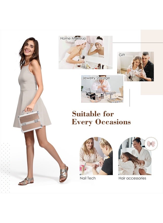 FRENESSA Makeup Train Case Portable Cosmetic Box Makeup Organizer Case Jewelry Organizer 2 Trays with Mirror Makeup Storage Box for Girls Makeup Artist, Craft, Toiletry Travel Train Case Rose Gold - Image 3