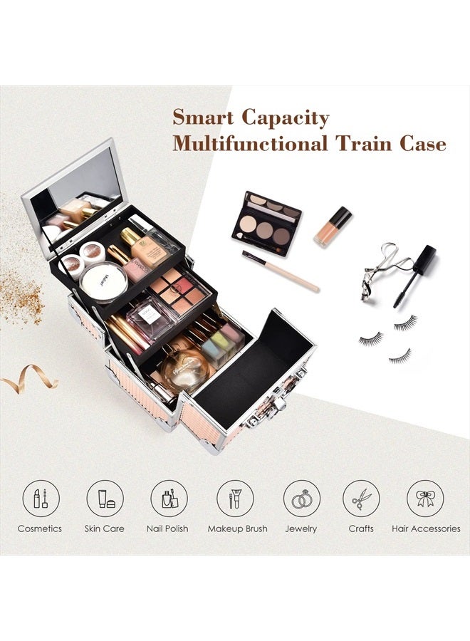 FRENESSA Makeup Train Case Portable Cosmetic Box Makeup Organizer Case Jewelry Organizer 2 Trays with Mirror Makeup Storage Box for Girls Makeup Artist, Craft, Toiletry Travel Train Case Rose Gold - Image 2