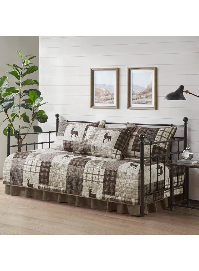 Woolrich Woolrich Woodshed Daybed Cover Set - Cabin Lifestyle, Patchwork with Moose Design All Season, Lightweight and Breathable Cozy Bedding Layer with Bedskirt, Matching Shams, 39" W x 75" L Brown 5 Piece - Image 1