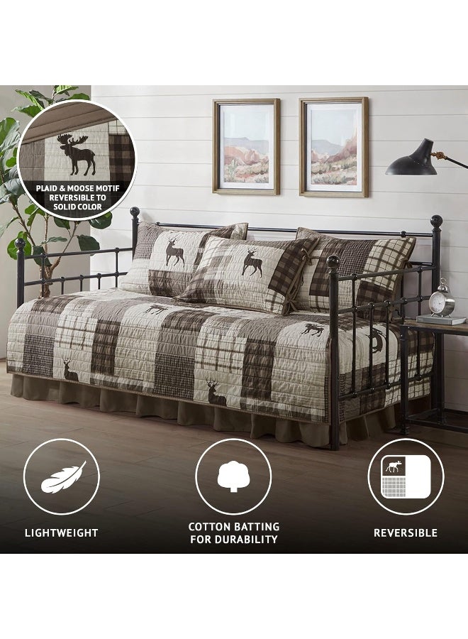 Woolrich Woolrich Woodshed Daybed Cover Set - Cabin Lifestyle, Patchwork with Moose Design All Season, Lightweight and Breathable Cozy Bedding Layer with Bedskirt, Matching Shams, 39" W x 75" L Brown 5 Piece - Image 3