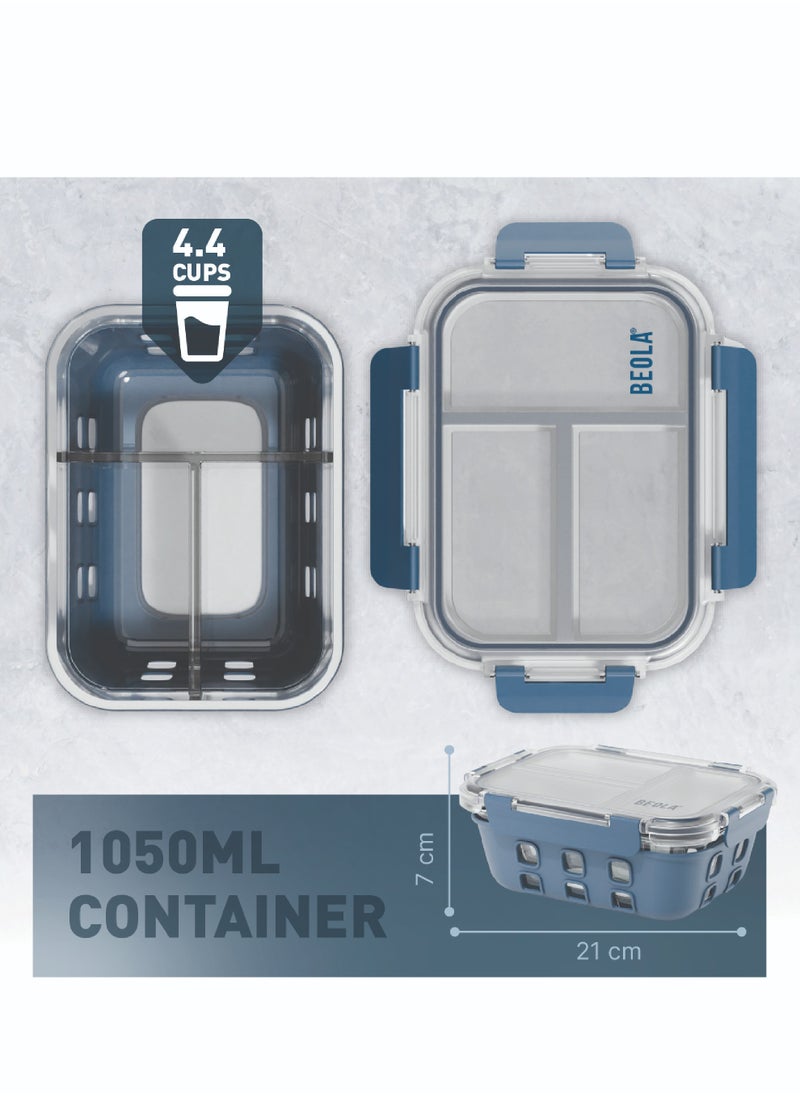 BEOLA 3 Compartment Glass Food Storage Container with Airtight Lid and Silicone Protection, Individually Sealed 3 Section Meal Prep Container, Freezer, Dishwasher, Microwave Safe, 1050ml(Marine Blue)  - Image 3
