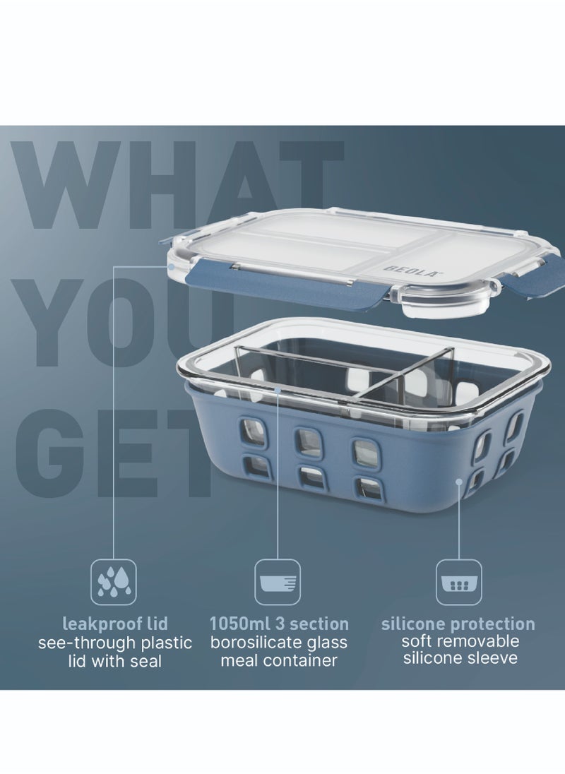BEOLA 3 Compartment Glass Food Storage Container with Airtight Lid and Silicone Protection, Individually Sealed 3 Section Meal Prep Container, Freezer, Dishwasher, Microwave Safe, 1050ml(Marine Blue)  - Image 2