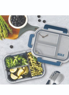 BEOLA 3 Compartment Glass Food Storage Container with Airtight Lid and Silicone Protection, Individually Sealed 3 Section Meal Prep Container, Freezer, Dishwasher, Microwave Safe, 1050ml(Marine Blue)  - Image 4