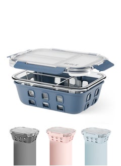 BEOLA 3 Compartment Glass Food Storage Container with Airtight Lid and Silicone Protection, Individually Sealed 3 Section Meal Prep Container, Freezer, Dishwasher, Microwave Safe, 1050ml(Marine Blue)  - Image 1