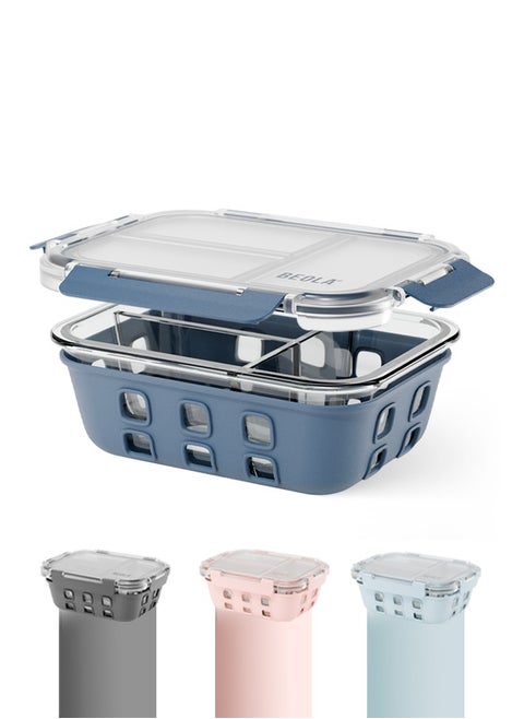 3 Compartment Glass Food Storage Container with Airtight Lid and Silicone Protection, Individually Sealed 3 Section Meal Prep Container, Freezer, Dishwasher, Microwave Safe, 1050ml(Marine Blue)