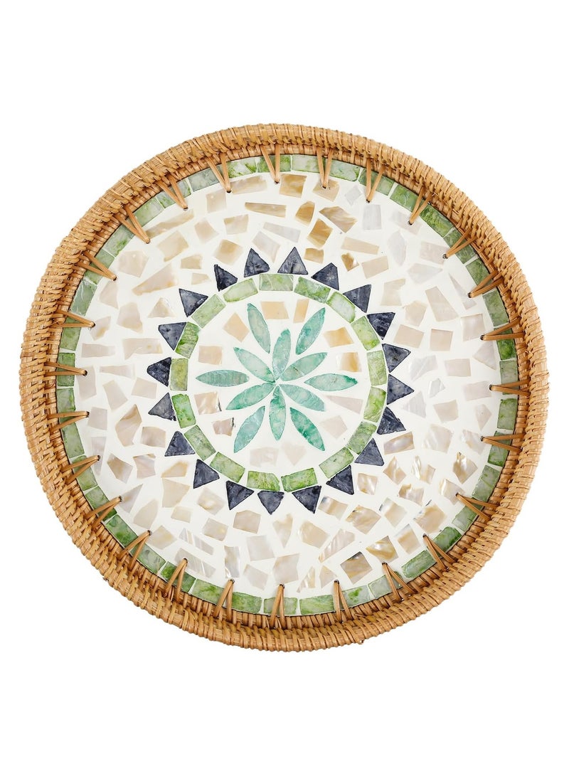Cozy Nest Handmade Rattan Tray Set of 2 with Mother-of-Pearl Inlay – Round Boho Decorative Trays for Serving, Coffee Table, Wall Art – Colorful Artisan Woven Home Décor (30 cm & 35 cm) - Image 2