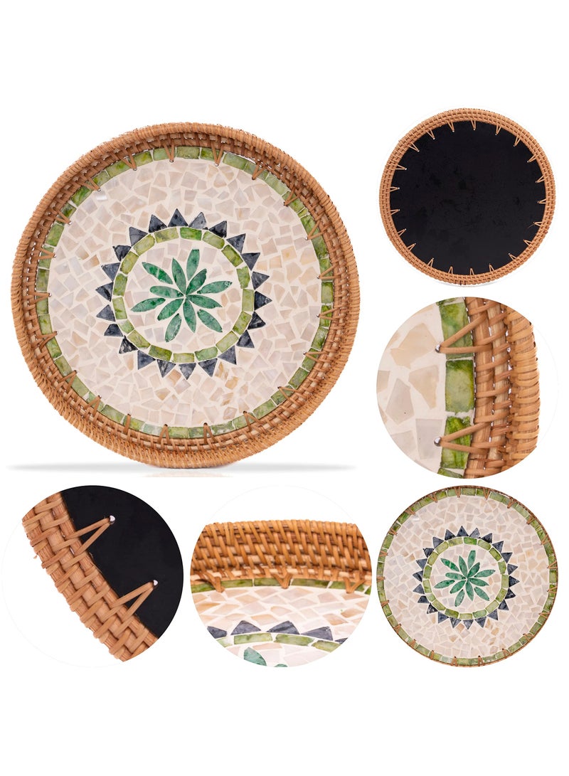 Cozy Nest Handmade Rattan Tray Set of 2 with Mother-of-Pearl Inlay – Round Boho Decorative Trays for Serving, Coffee Table, Wall Art – Colorful Artisan Woven Home Décor (30 cm & 35 cm) - Image 3