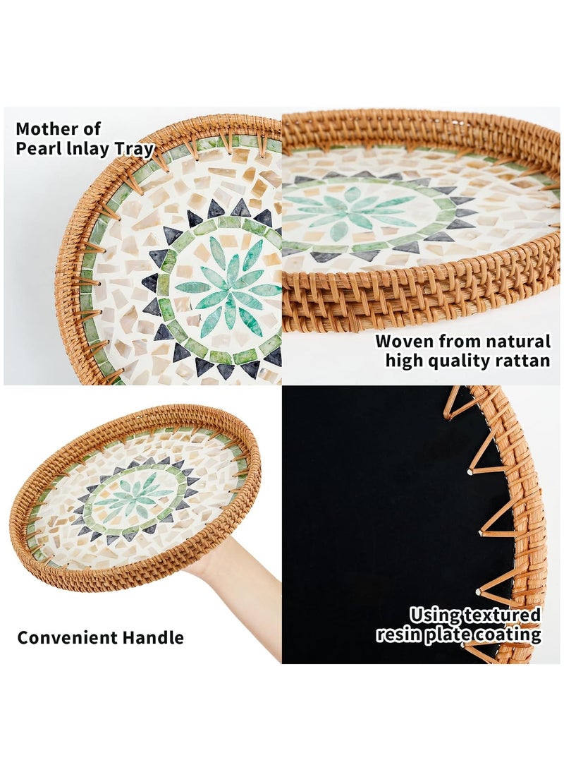 Cozy Nest Handmade Rattan Tray Set of 2 with Mother-of-Pearl Inlay – Round Boho Decorative Trays for Serving, Coffee Table, Wall Art – Colorful Artisan Woven Home Décor (30 cm & 35 cm) - Image 4