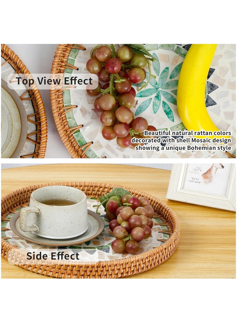 Cozy Nest Handmade Rattan Tray Set of 2 with Mother-of-Pearl Inlay – Round Boho Decorative Trays for Serving, Coffee Table, Wall Art – Colorful Artisan Woven Home Décor (30 cm & 35 cm) - Image 5