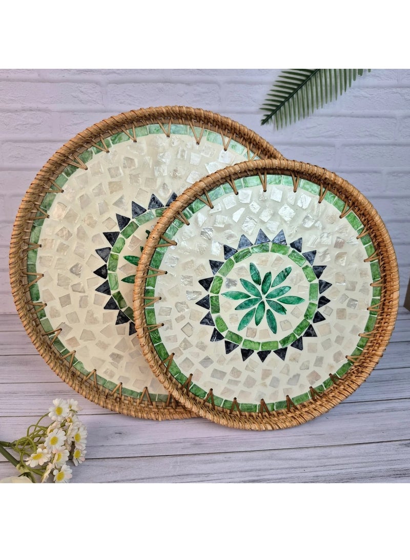 Cozy Nest Handmade Rattan Tray Set of 2 with Mother-of-Pearl Inlay – Round Boho Decorative Trays for Serving, Coffee Table, Wall Art – Colorful Artisan Woven Home Décor (30 cm & 35 cm) - Image 1