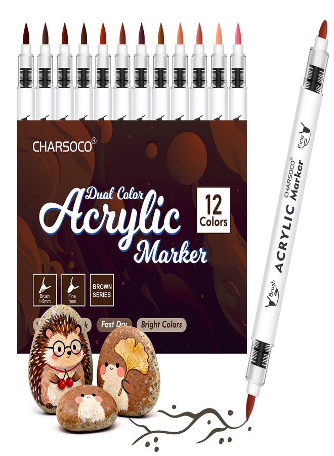 CHARSOCO Brown Tones Acrylic Paint Pens, 12 Colors Markers Set with Soft Brush & Bullet Tip, for Rock, Painting, Wood, Glass, Ceramic, Canvas, Stone, DIY Crafts, Making Art Supplies, Fabric Paint - Image 1