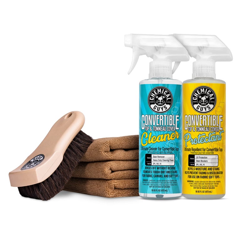 Chemical Guys HOL_995 Ultimate Convertible Top Care Kit With ACC_S95 Long Bristle Horse Hair 3 Workhorse Microfiber Towels Works on Vinyl Fabric Canvas Textile and Synthetic Soft Tops 6 Items