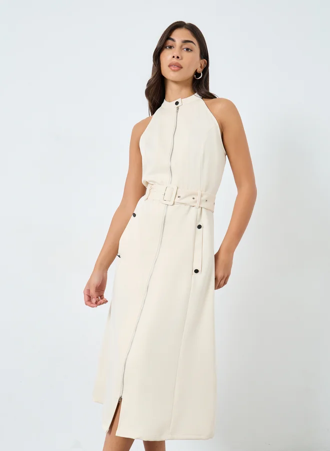 Styli Styli Cream Belted Midi Dress with Zipper Detail