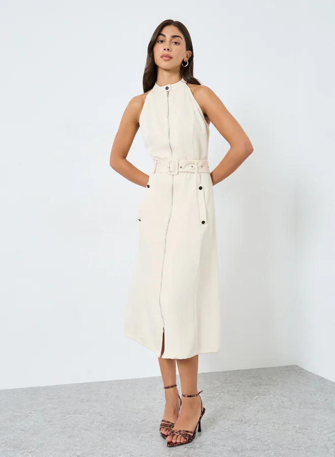 Styli Styli Cream Belted Midi Dress with Zipper Detail