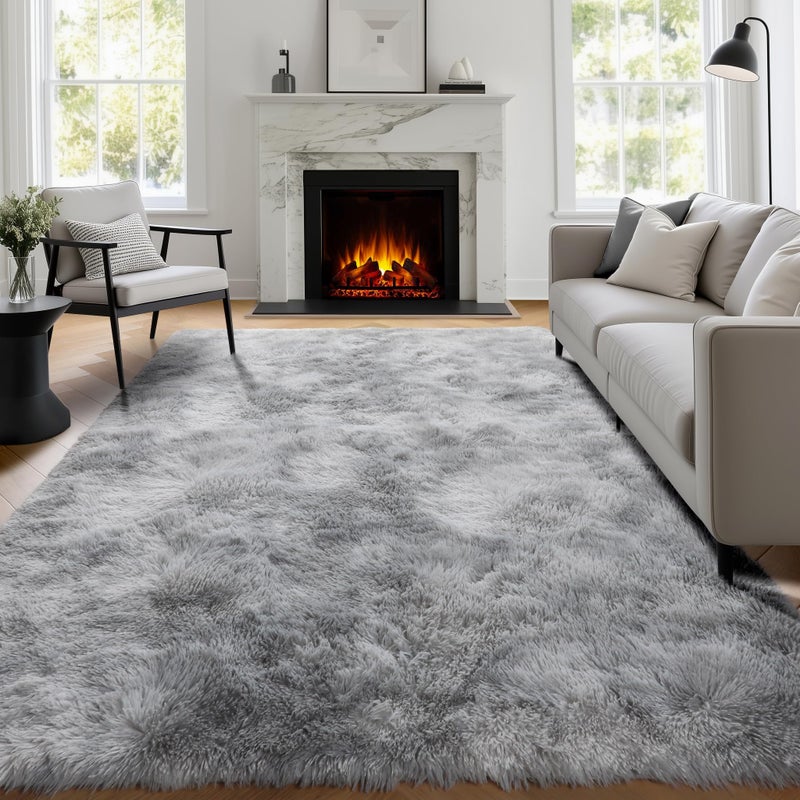 Abstract Shaggy Machine Washable Area Rug 4 x 6 Plush Soft Fluffy Fuzzy Furry Carpet for Living Room Home Decor Aesthetic TieDyed Light Grey Bedside Rugs Nursery Grils Boys Kids Room