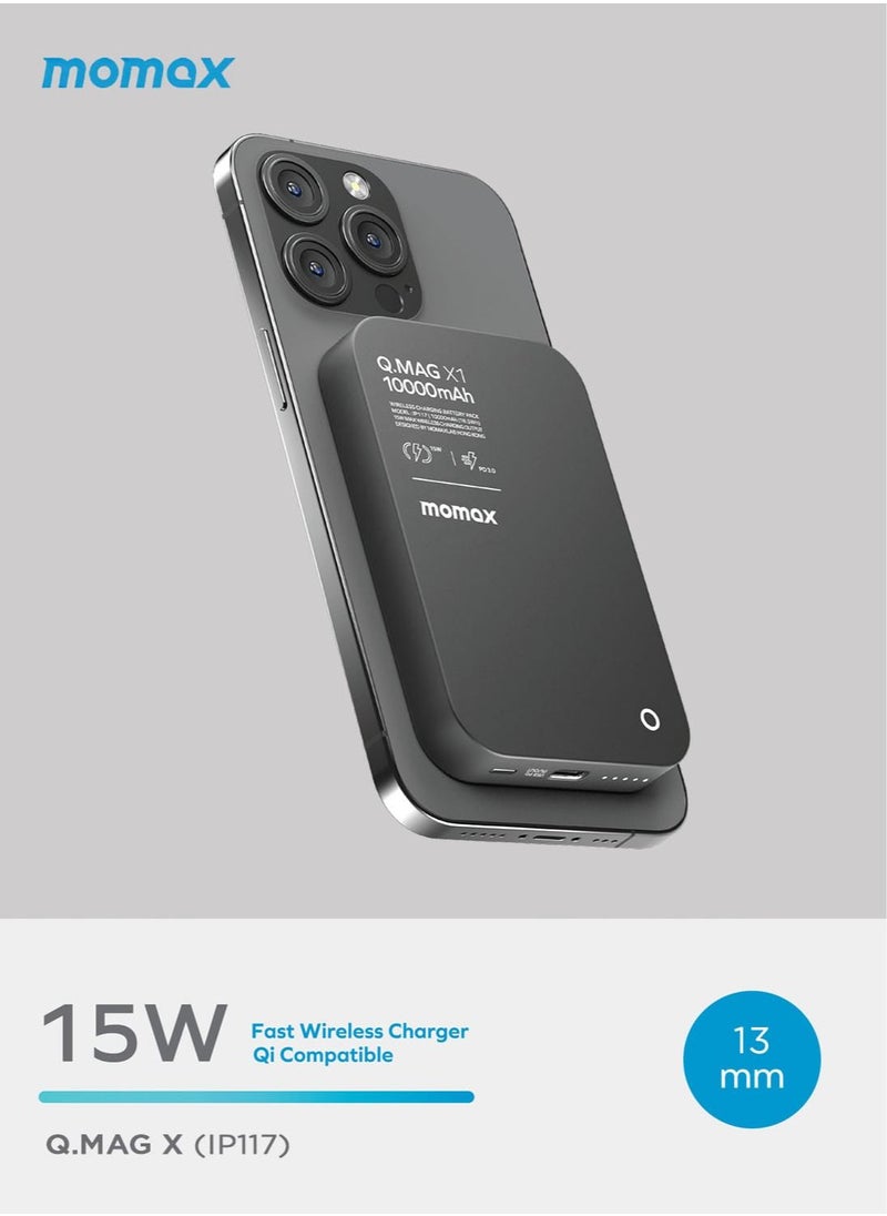Momax - Q.Mag X1 10000mAh Magnetic Wireless Battery Pack USB-C Up to 15W PD Output - Black - Image 1
