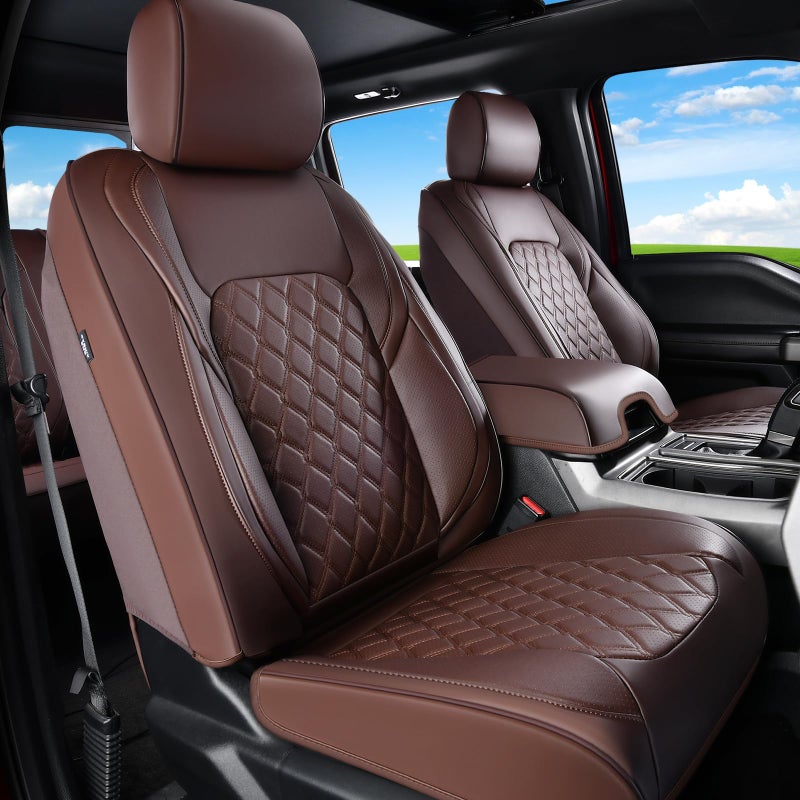 Huidasource Ford F150 F250 Custom Seat Covers, Full-wrap Car Seat Protector Fit for Ford F150 2015-2025&F250 F350 F450 2017-2025 All Cab XL XLT Lariat King Ranch Platinum(Front Pair/Coffee) - Image 1