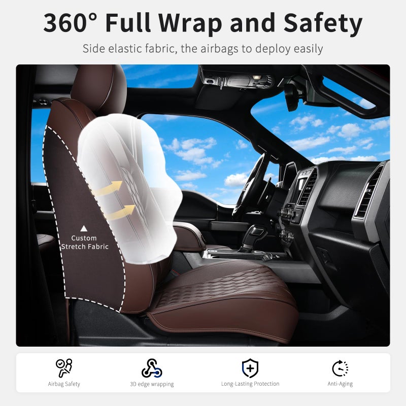 Huidasource Ford F150 F250 Custom Seat Covers, Full-wrap Car Seat Protector Fit for Ford F150 2015-2025&F250 F350 F450 2017-2025 All Cab XL XLT Lariat King Ranch Platinum(Front Pair/Coffee) - Image 4