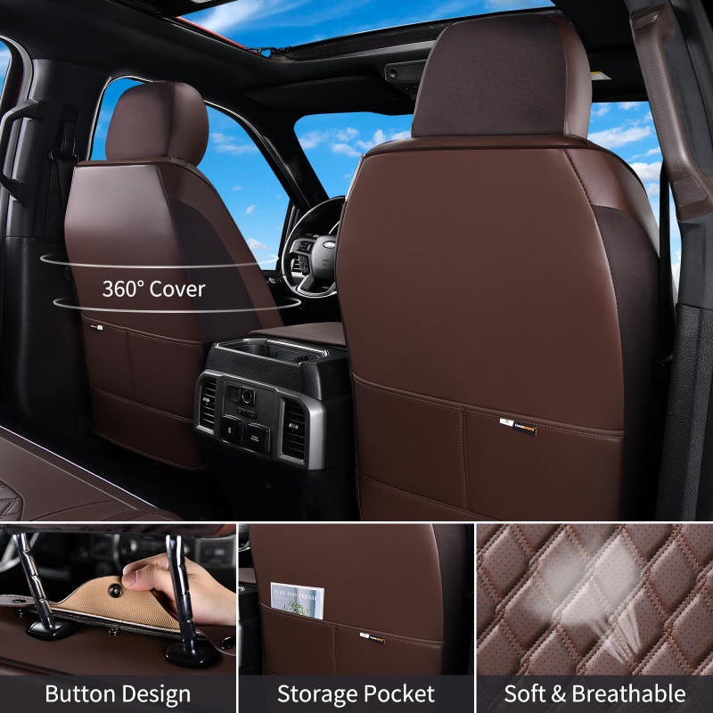 Huidasource Ford F150 F250 Custom Seat Covers, Full-wrap Car Seat Protector Fit for Ford F150 2015-2025&F250 F350 F450 2017-2025 All Cab XL XLT Lariat King Ranch Platinum(Front Pair/Coffee) - Image 2