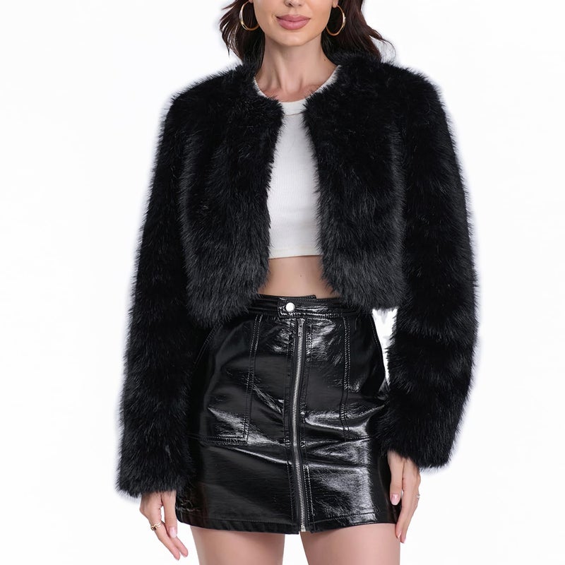 QUENTY PIELES QUENTY PIELIES Womenâ€™s Winter Faux Fur Coat Cropped Long Sleeve Shaggy Jacket Open Front Warm Outwear - Image 2