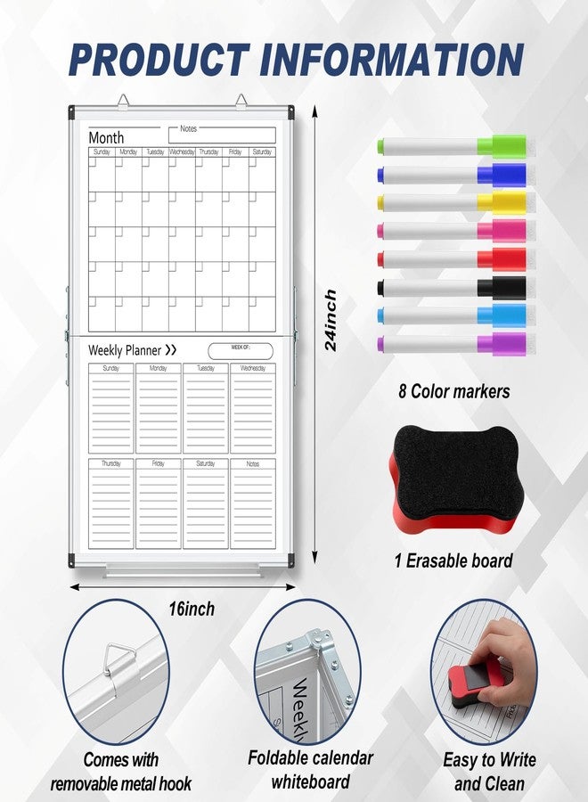 Lincia 24" x 16" Magnetic Vertical Monthly and Weekly Dry Erase Calendar for Wall Undated Horizontal Dry Erase Calendar Planner Aluminum Frame Whiteboard for Home Office Projects Wall Fridge - Image 2