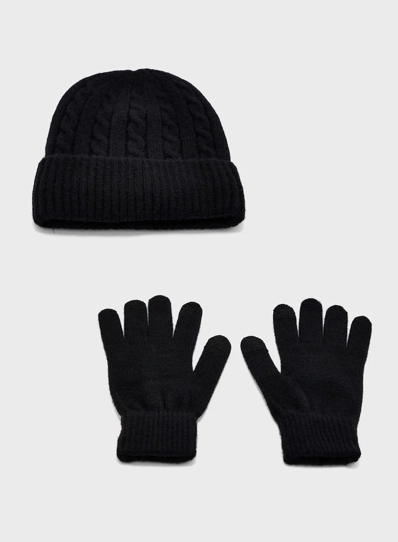 Robert Wood 2 Pack Knitted Winter Beanie & Gloves Set