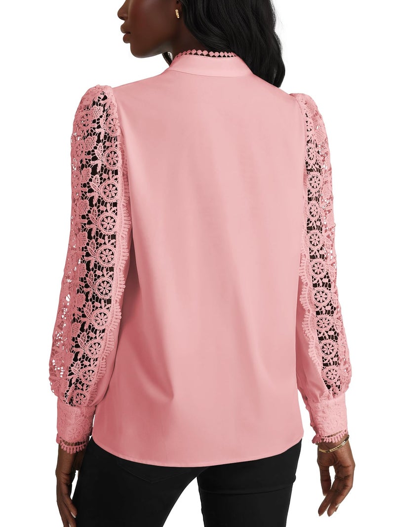 Rooscier Women's Lace Crochet Mock Neck Long Sleeve Button Elegant Blouse Shirt Top Baby Pink Small - Image 5