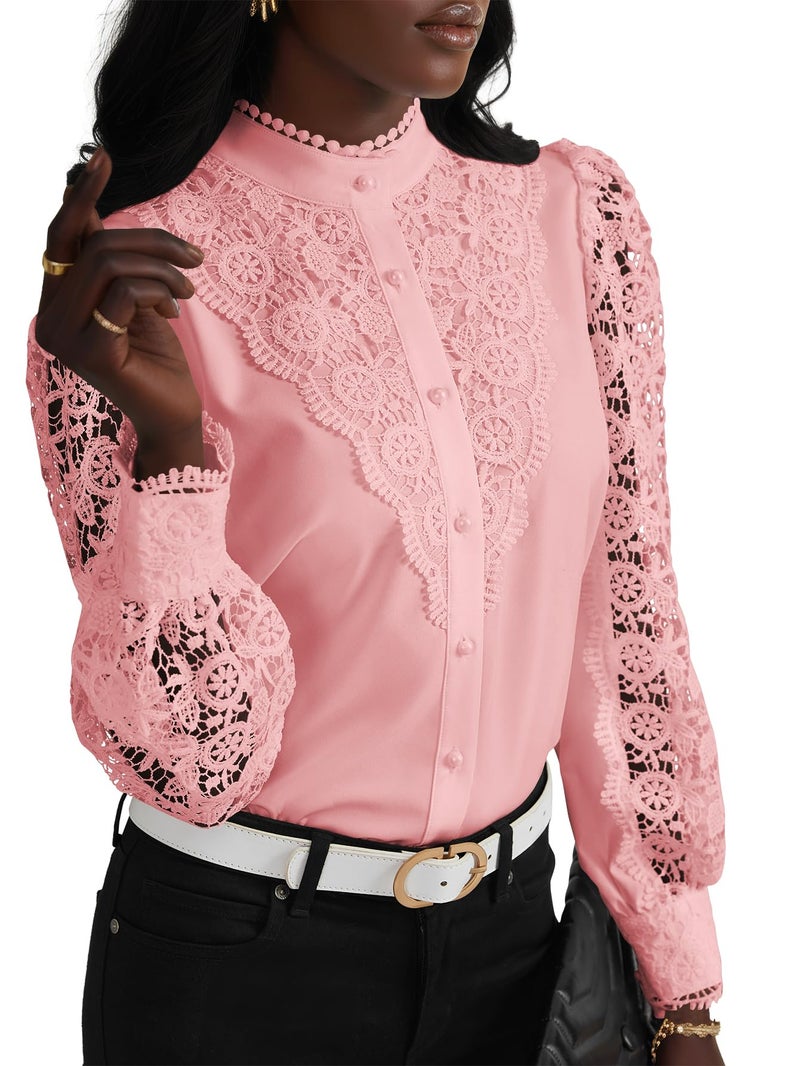 Rooscier Women's Lace Crochet Mock Neck Long Sleeve Button Elegant Blouse Shirt Top Baby Pink Small - Image 1
