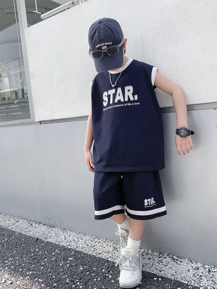 Boys' Summer Sports Basketball Uniforms, Sleeveless Vest Suits, Medium And Large Boys' Summer Cool And Handsome Two-Piece Loose Suits - Image 1
