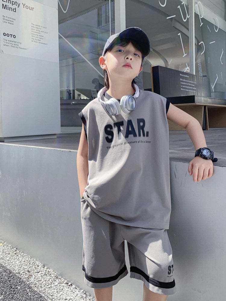 Boys' Summer Sports Basketball Uniforms, Sleeveless Vest Suits, Medium And Large Boys' Summer Cool And Handsome Two-Piece Loose Suits - Image 2