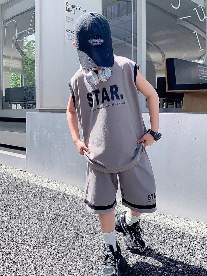 Boys' Summer Sports Basketball Uniforms, Sleeveless Vest Suits, Medium And Large Boys' Summer Cool And Handsome Two-Piece Loose Suits - Image 3