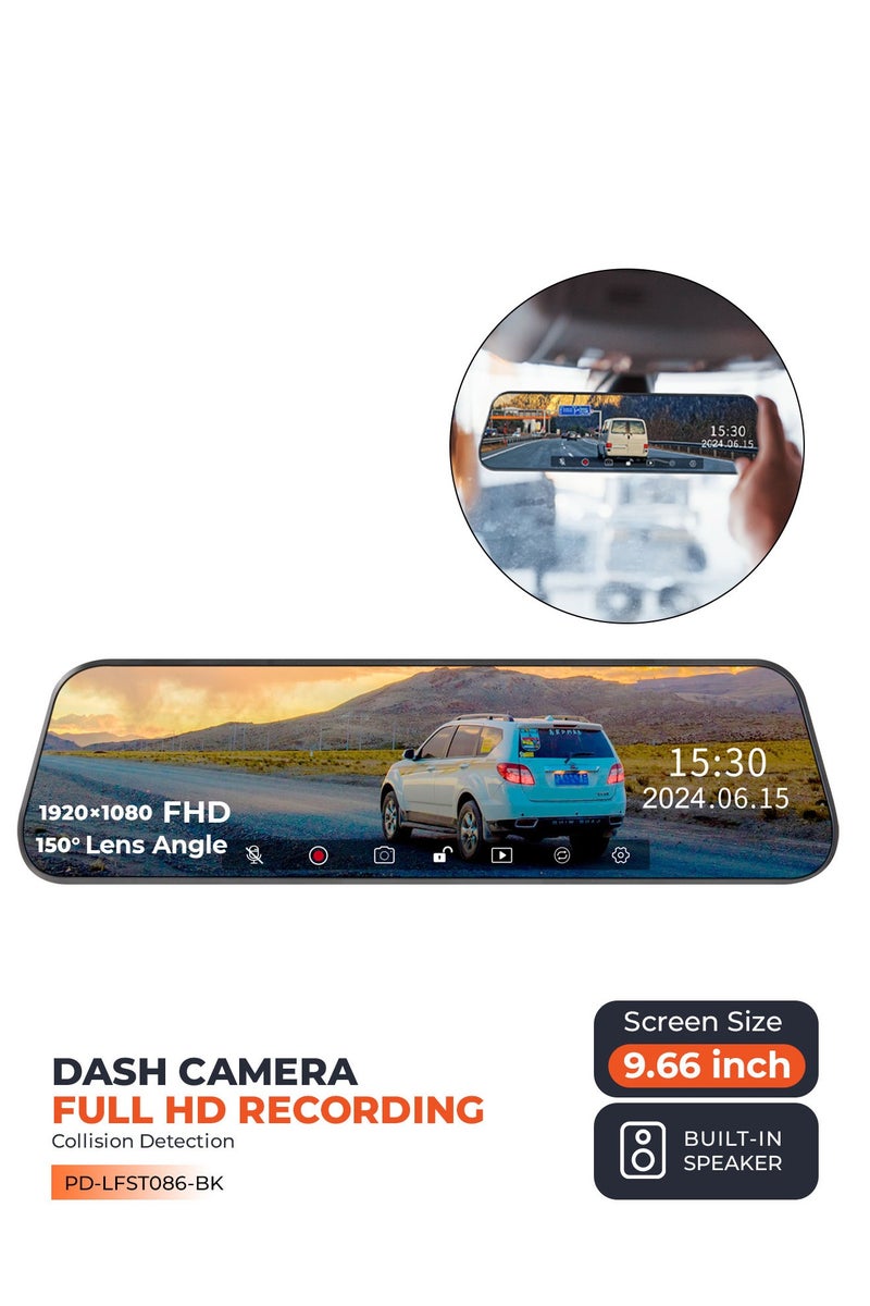 porodo Dash Camera with  9.66" Touch Screen/ Full HD Recording and Built-in Speaker / Easy to Use / Impact Detection / Mirror Lens / 1920 x 1080P Digital Video - Black - Image 1