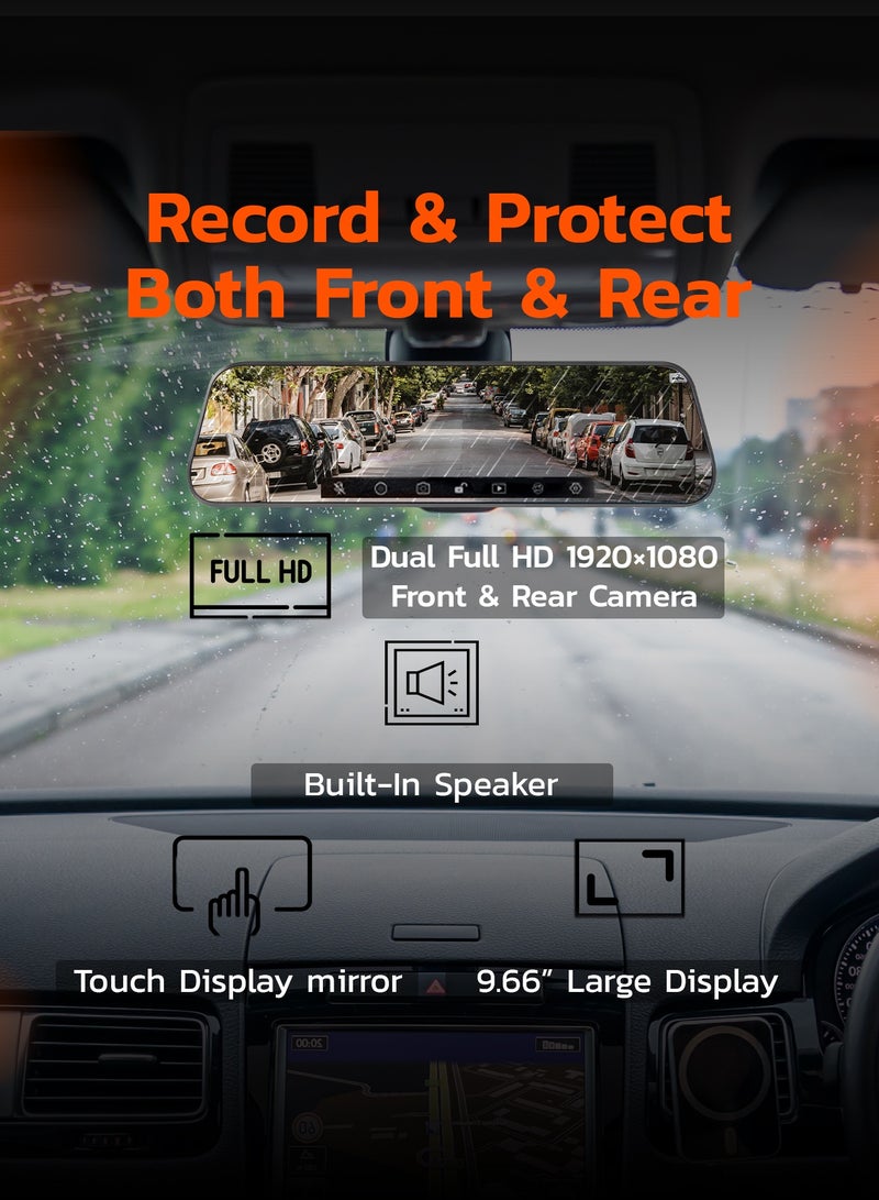 porodo Dash Camera with  9.66" Touch Screen/ Full HD Recording and Built-in Speaker / Easy to Use / Impact Detection / Mirror Lens / 1920 x 1080P Digital Video - Black - Image 3