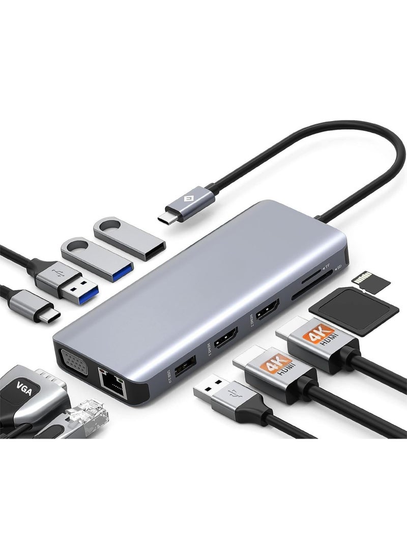 Generic - USB-C Docking Station – Triple Display with Dual 4K HDMI + VGA, 4 Data Ports, SD/TF Card Reader, Multi-Port Hub – Grey/Silver - Image 1