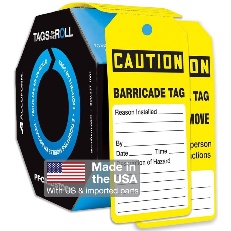 AccuformNMC 100 Safety Tags by-The-Roll, Caution Barricade, US Made OSHA Compliant Tags, Waterproof PF-Cardstock, Resists Tears, 6.25"x3", TAR136 - Image 1