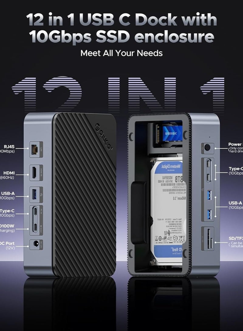 Orico ORICO D35M2 12-in-1 USB-C Docking Station with Dual Hard Drive Enclosure – Supports M.2 NVMe/SATA & 2.5/3.5" SSD, 10Gbps Data Transfer, 4K@60Hz HDMI, 100W PD, SD/TF Card, Ethernet, USB Hub - Image 4