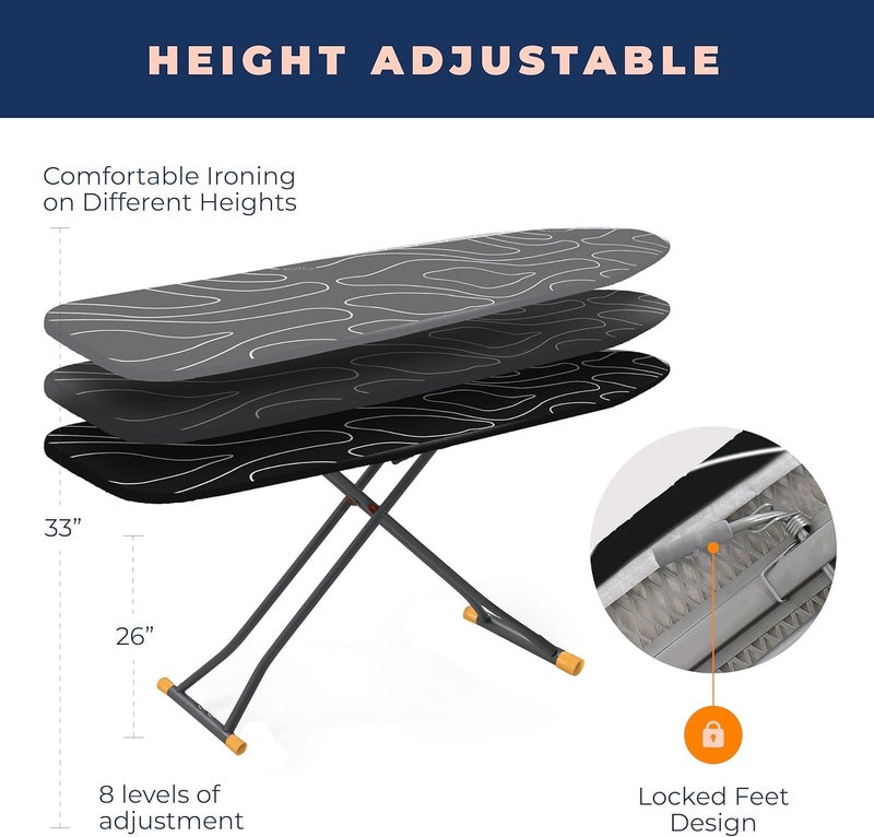 happhom Ironing Board, Compact and Space Saver Ironing Board with Extra Thick 3 Layers Cover, Height Adjustable, Easy Storage with Smart Hanger and Heavy Duty Steel Legs, Black (13x43) - Image 4