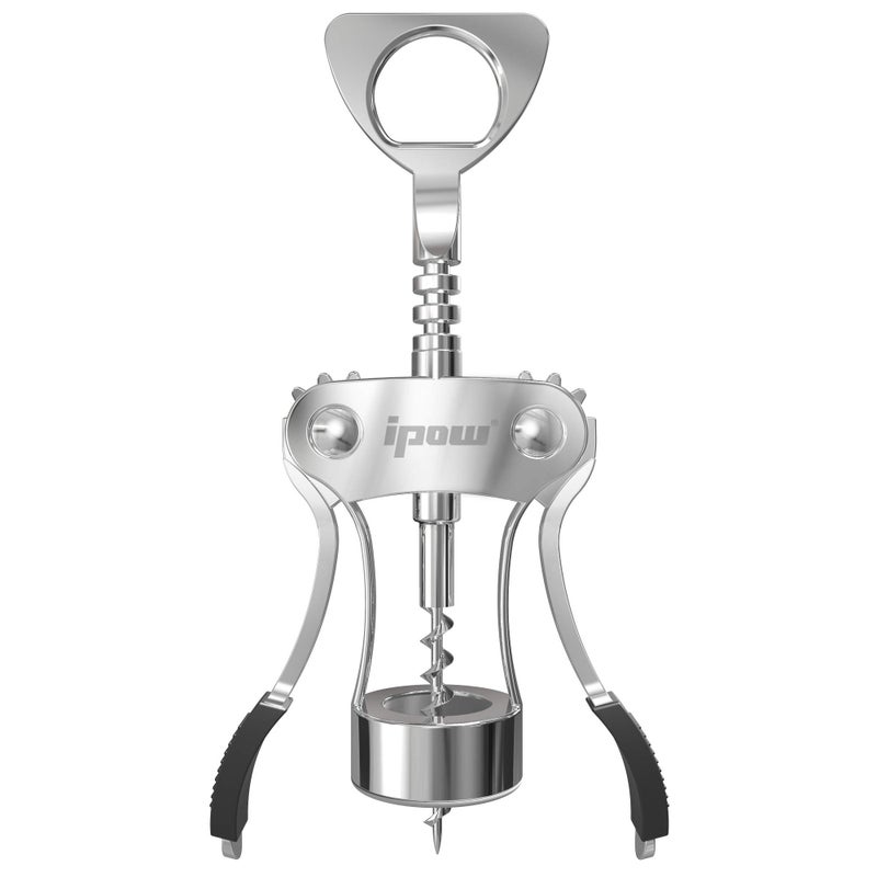 IPOW Wine Opener Zinc Alloy Wine Bottle Opener Wing Corkscrew Heavy Duty Manual Multifunctional Cork Screw for Waiter Silver