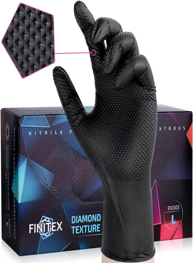 FINITEX Disposable Industrial Diamond Texture Nitrile Glove - Chemical Resistant Heavy Duty 6.3mil Mechanic Automotive Repair Gloves (Black (Large 100)) - Image 1
