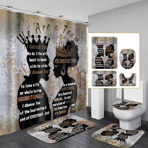 Omebero 4Pcs Black Man Women Shower Curtain Set with Rugs Toilet Lid Cover Bath Mat, Romantic Couples Bathroom Decor Sets with Shower Curtain and Hooks, Waterproof Fabric King Queen Sets - Image 1