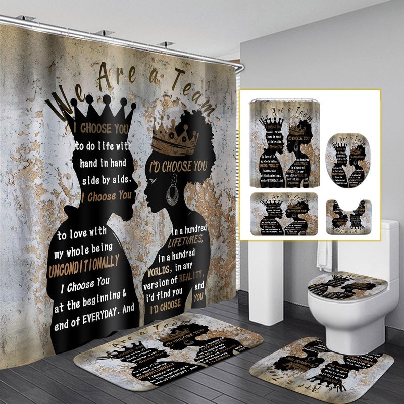 Omebero 4Pcs Black Man Women Shower Curtain Set with Rugs Toilet Lid Cover Bath Mat, Romantic Couples Bathroom Decor Sets with Shower Curtain and Hooks, Waterproof Fabric King Queen Sets - Image 5